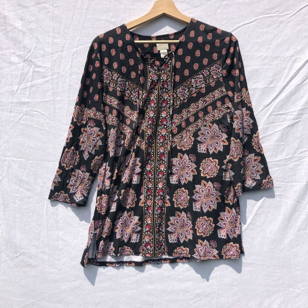 Black w Red Blue Brown Geometric Shirt Chico's Size 2 Large Rayon